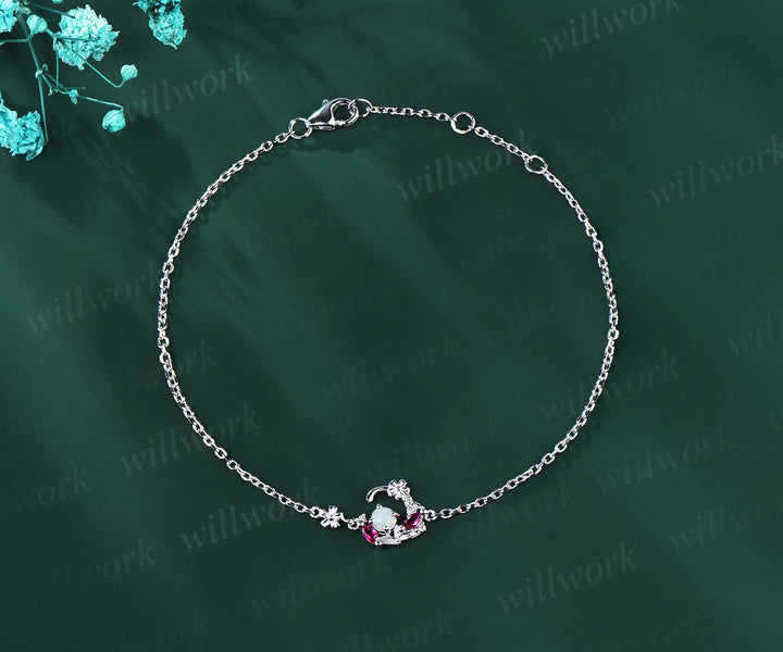 Dainty 3mm round opal moon bracelet marquise ruby floral charm bracelet elegant bracelet for women