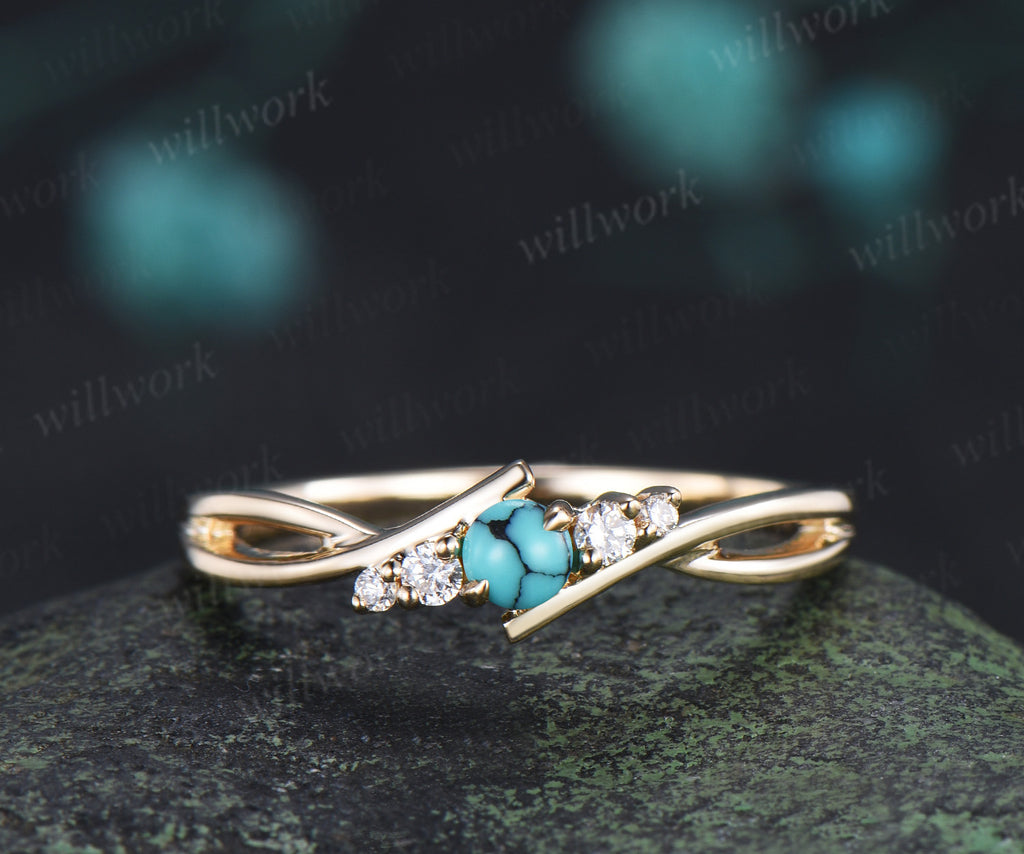 Dainty round turquoise wedding ring split shank natural turquoise