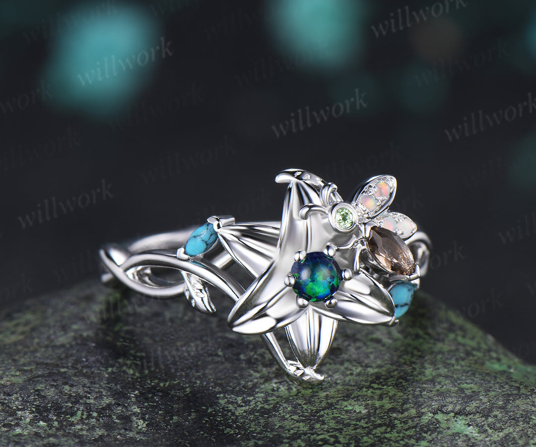 Round Black Opal Floral Engagement Ring Leaf Lily Flower Tiny Bee Infinity Band Turquoise Opal Accent Art Deco Promise Ring
