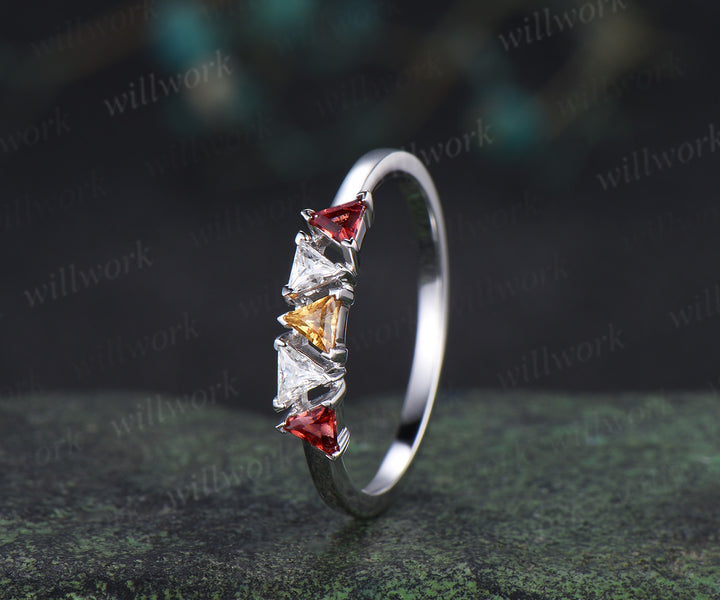 Trilliant cut garnet citrine moissanite ring 14k white gold five stone wedding band anniversary Multi-Stone Ring