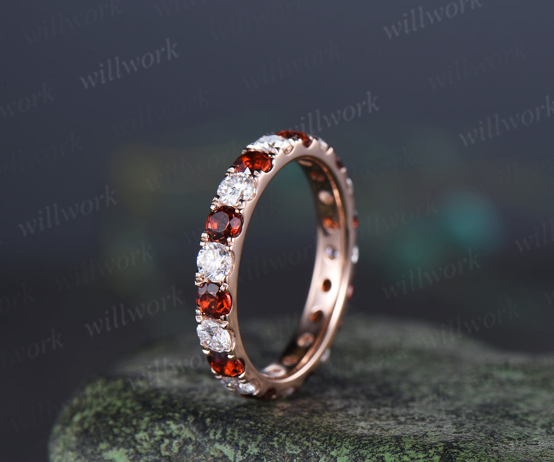 Round natural garent moissanite wedding band full eternity paving stacking ring January birsthone gifts