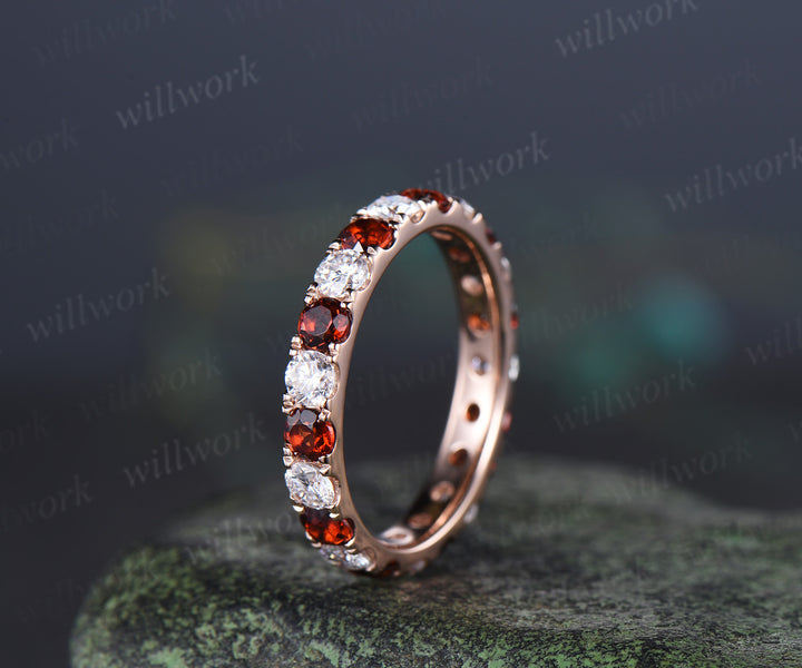 Round natural garent moissanite wedding band full eternity paving stacking ring January birsthone gifts