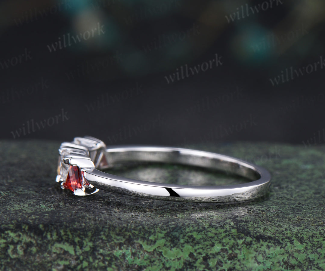 Trilliant cut garnet citrine moissanite ring 14k white gold five stone wedding band anniversary Multi-Stone Ring