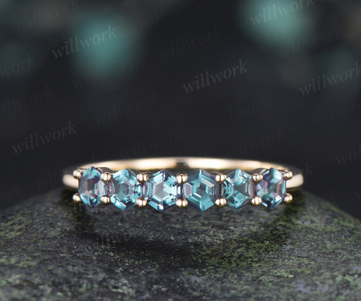 Hexagon Cut Alexandrite Wedding Band Six Stones Minimalist Stacking Ring June Birthstone Gifts
