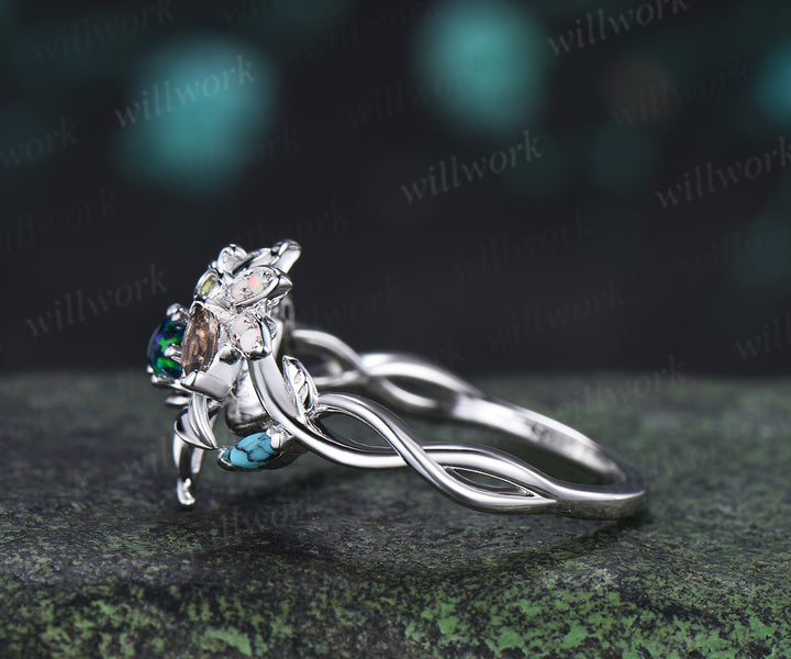 Round Black Opal Floral Engagement Ring Leaf Lily Flower Tiny Bee Infinity Band Turquoise Opal Accent Art Deco Promise Ring