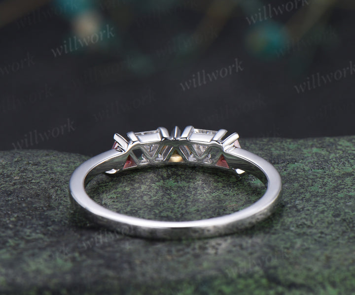 Trilliant cut garnet citrine moissanite ring 14k white gold five stone wedding band anniversary Multi-Stone Ring