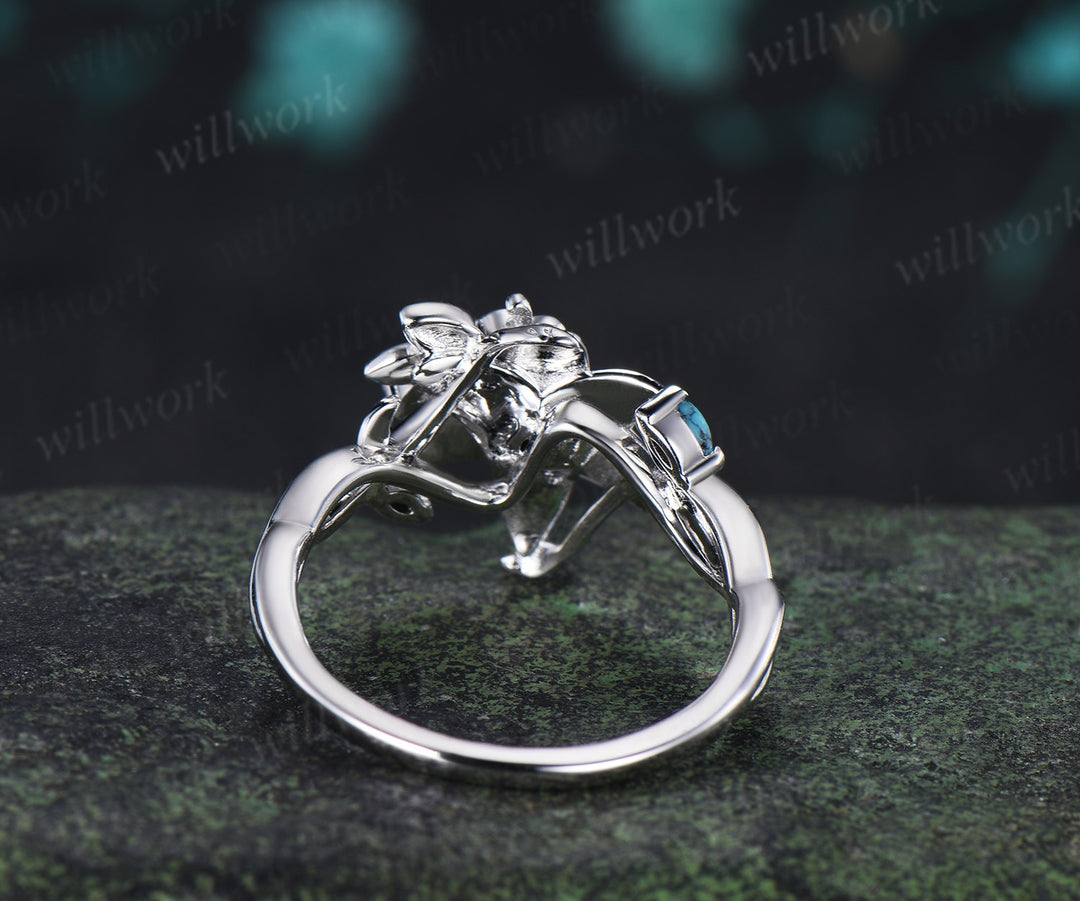 Round Black Opal Floral Engagement Ring Leaf Lily Flower Tiny Bee Infinity Band Turquoise Opal Accent Art Deco Promise Ring
