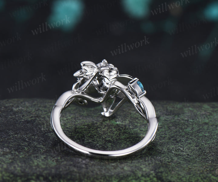 Round Black Opal Floral Engagement Ring Leaf Lily Flower Tiny Bee Infinity Band Turquoise Opal Accent Art Deco Promise Ring