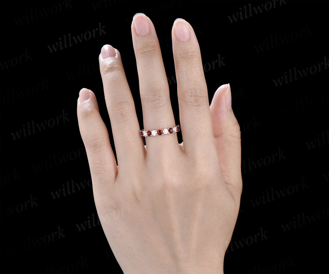 Round natural garent moissanite wedding band full eternity paving stacking ring January birsthone gifts