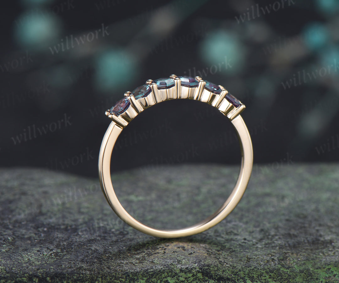 Hexagon Cut Alexandrite Wedding Band Six Stones Minimalist Stacking Ring June Birthstone Gifts