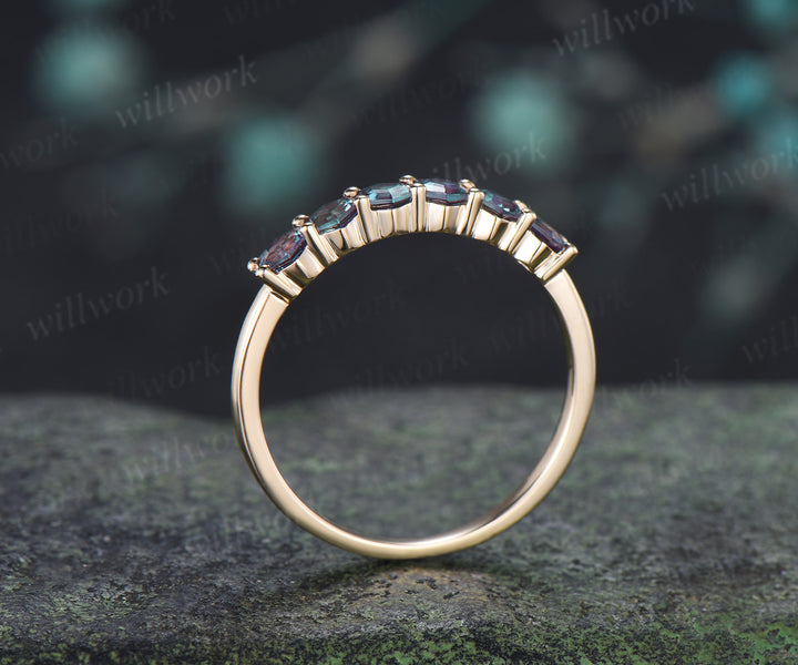 Hexagon Cut Alexandrite Wedding Band Six Stones Minimalist Stacking Ring June Birthstone Gifts