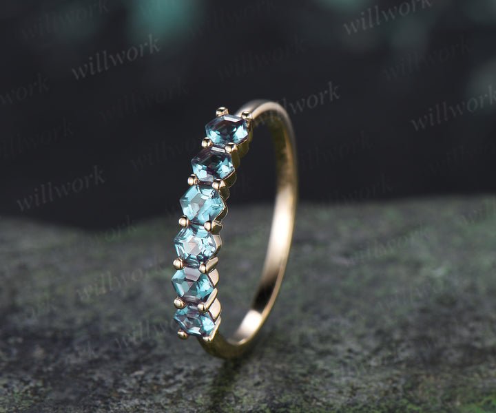 Hexagon Cut Alexandrite Wedding Band Six Stones Minimalist Stacking Ring June Birthstone Gifts