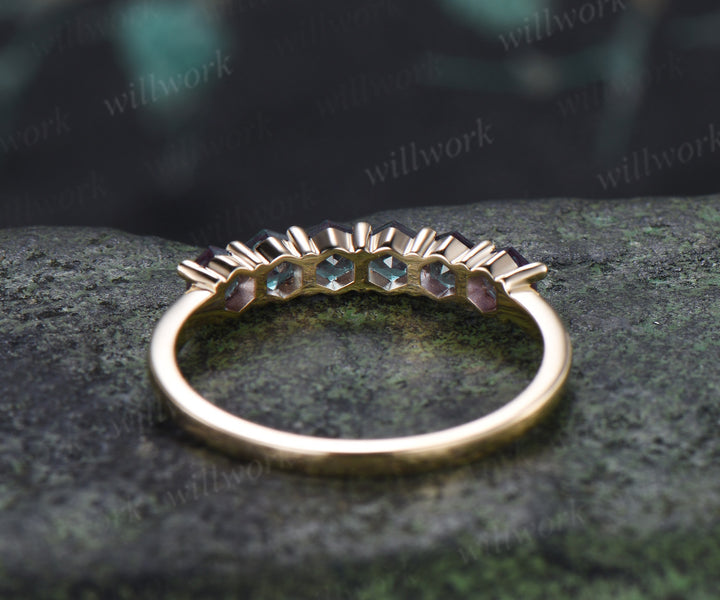 Hexagon Cut Alexandrite Wedding Band Six Stones Minimalist Stacking Ring June Birthstone Gifts