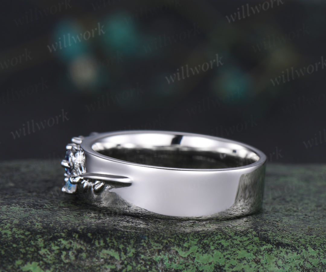 Hexagon alexandrite mens wedding band solid 14k white marquise moonstone leaf floral wedding ring unique anniversary ring gifts for him
