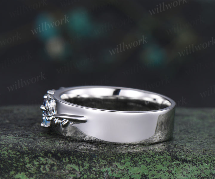 Hexagon alexandrite mens wedding band solid 14k white marquise moonstone leaf floral wedding ring unique anniversary ring gifts for him