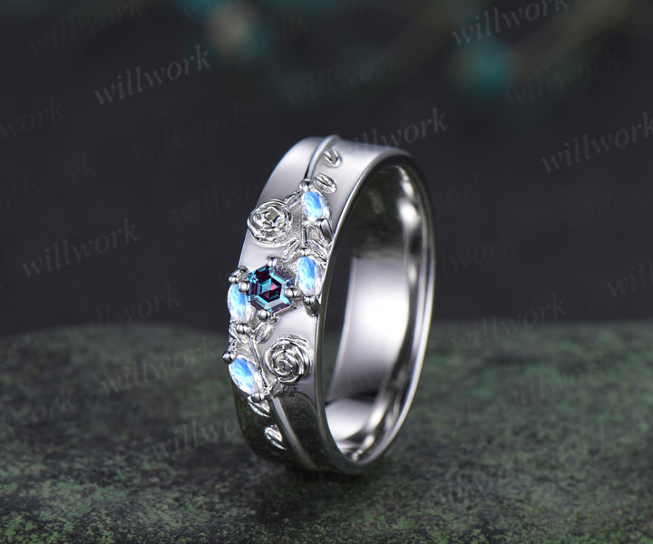 Hexagon alexandrite mens wedding band solid 14k white marquise moonstone leaf floral wedding ring unique anniversary ring gifts for him
