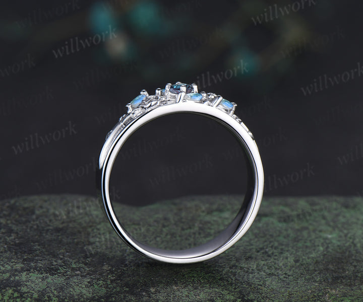 Hexagon alexandrite mens wedding band solid 14k white marquise moonstone leaf floral wedding ring unique anniversary ring gifts for him