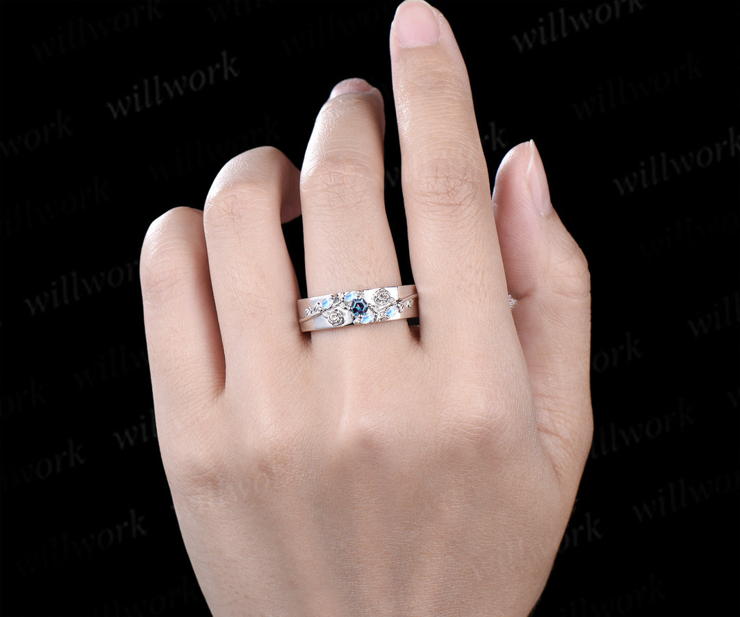 Hexagon alexandrite mens wedding band solid 14k white marquise moonstone leaf floral wedding ring unique anniversary ring gifts for him
