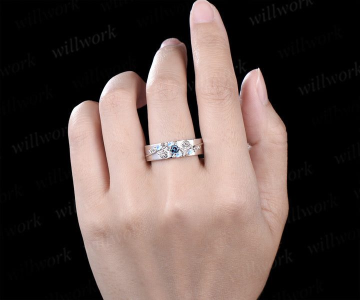 Hexagon alexandrite mens wedding band solid 14k white marquise moonstone leaf floral wedding ring unique anniversary ring gifts for him