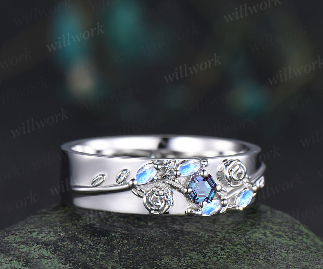 Hexagon alexandrite mens wedding band solid 14k white marquise moonstone leaf floral wedding ring unique anniversary ring gifts for him