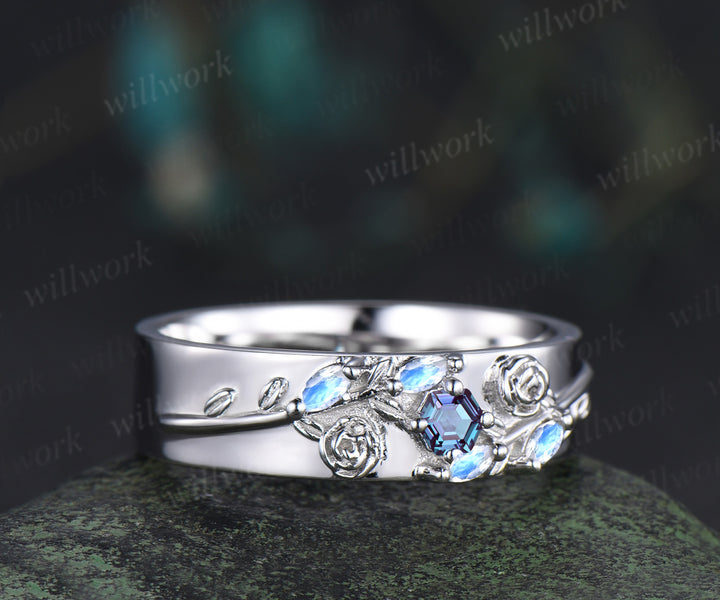 Hexagon alexandrite mens wedding band solid 14k white marquise moonstone leaf floral wedding ring unique anniversary ring gifts for him