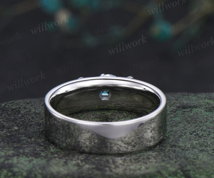 Hexagon alexandrite mens wedding band solid 14k white marquise moonstone leaf floral wedding ring unique anniversary ring gifts for him