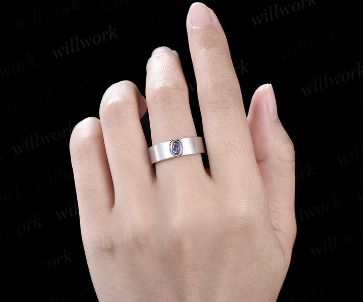 Vintage Oval Cut Lavender Amethyst Twig Vines Engagement Ring Set & Brushed Finish Lavender Amethyst Men Wedding Band Elegant Couple Ring Set Gifts