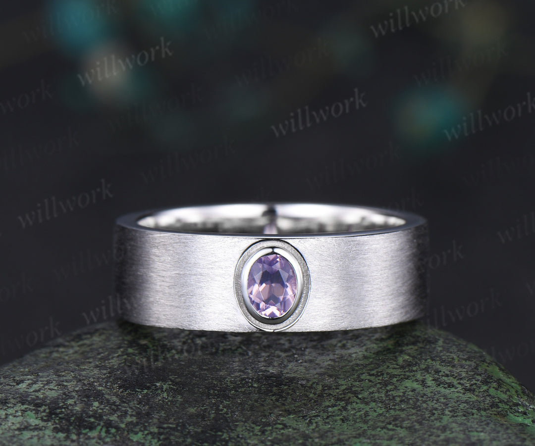 Vintage Oval Cut Lavender Amethyst Twig Vines Engagement Ring Set & Brushed Finish Lavender Amethyst Men Wedding Band Elegant Couple Ring Set Gifts