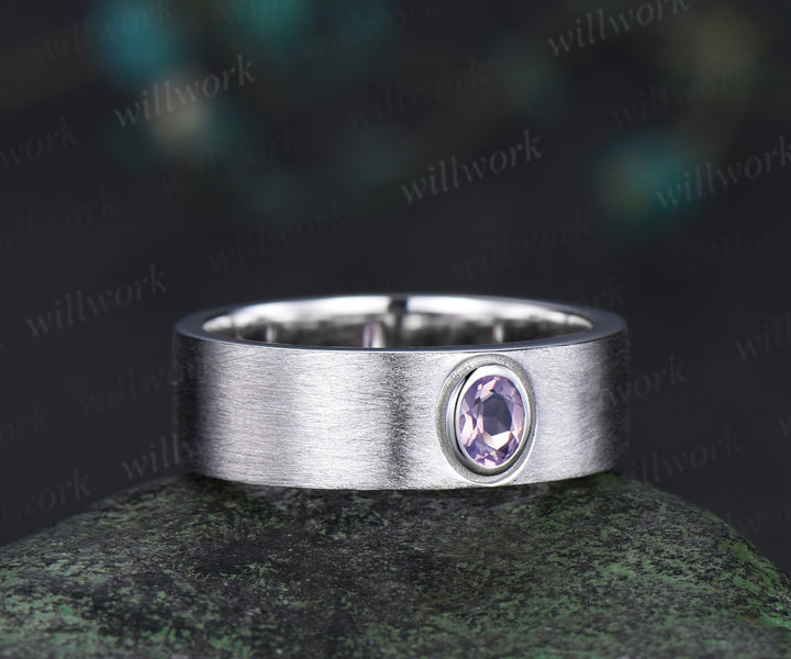 Vintage Oval Cut Lavender Amethyst Twig Vines Engagement Ring Set & Brushed Finish Lavender Amethyst Men Wedding Band Elegant Couple Ring Set Gifts
