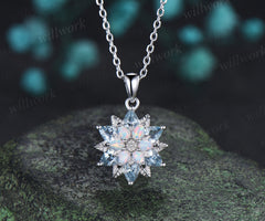 Pear blue aquamarine opal flower pendant necklace vintage leaf floral charm pendant birthday anniversary gifts