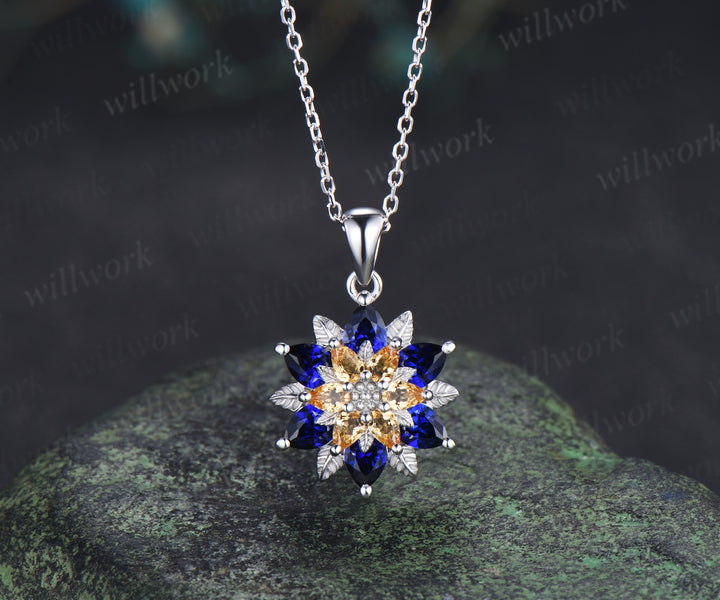 Pear blue sapphire citrine flower pendant necklace vintage leaf floral charm pendant birthday anniversary gifts