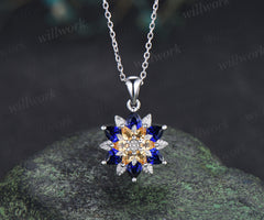 Pear blue sapphire citrine flower pendant necklace vintage leaf floral charm pendant birthday anniversary gifts