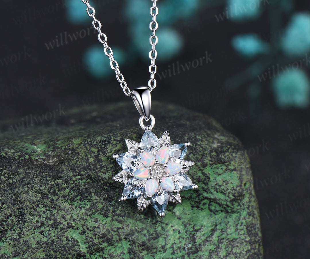 Pear blue aquamarine opal flower pendant necklace vintage leaf floral charm pendant birthday anniversary gifts