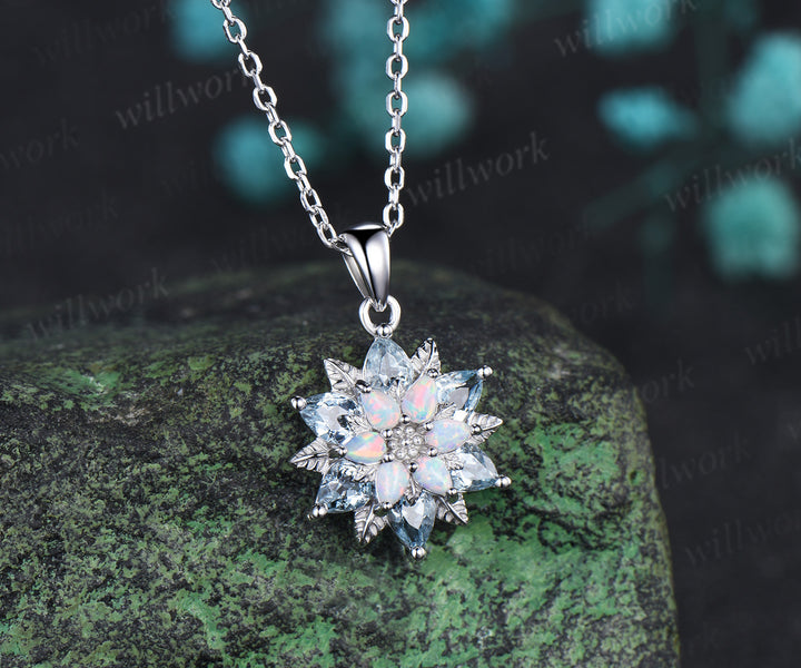 Pear blue aquamarine opal flower pendant necklace vintage leaf floral charm pendant birthday anniversary gifts