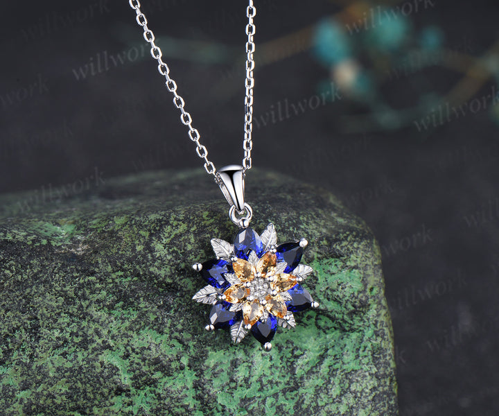 Pear blue sapphire citrine flower pendant necklace vintage leaf floral charm pendant birthday anniversary gifts
