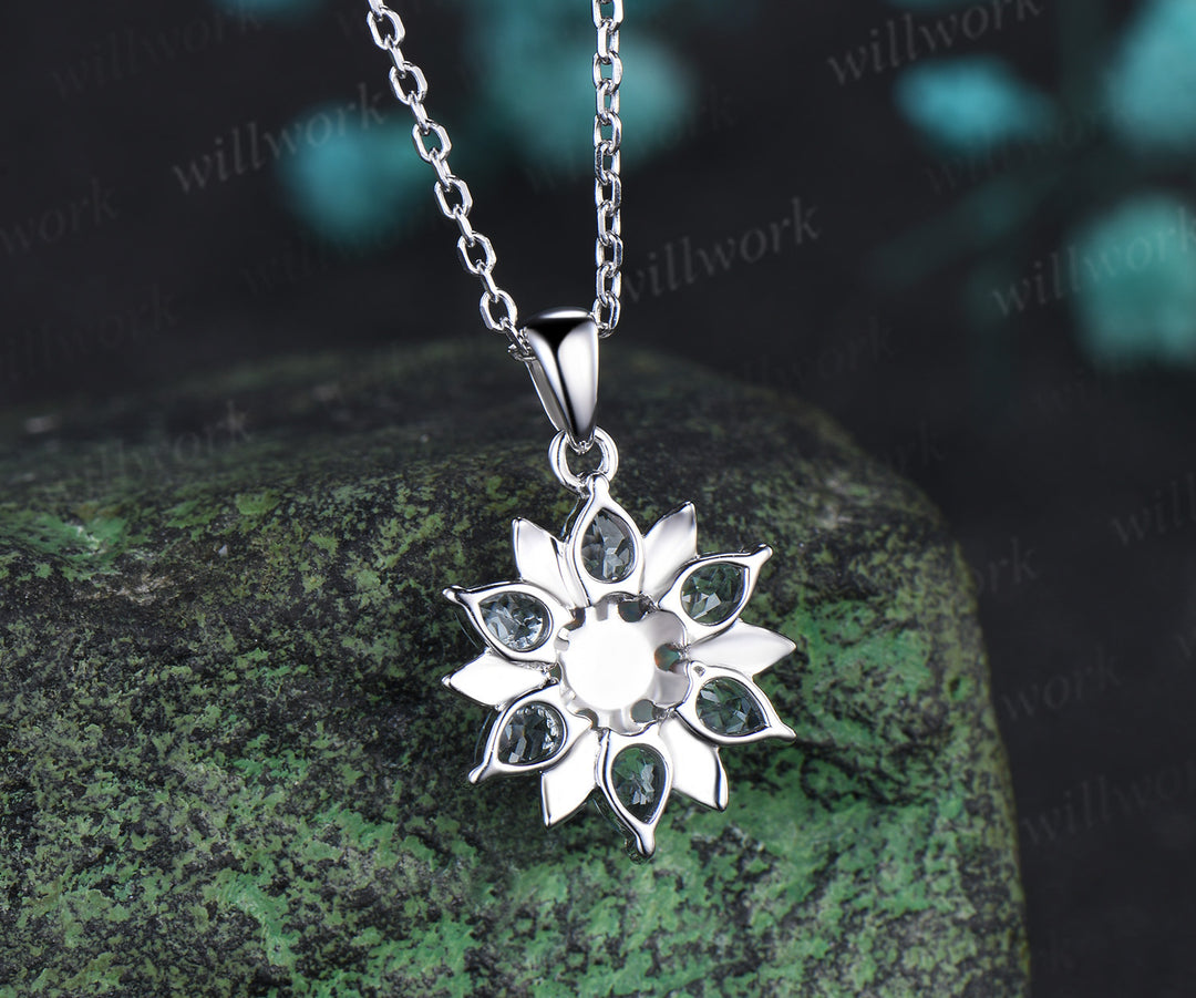 Pear blue aquamarine opal flower pendant necklace vintage leaf floral charm pendant birthday anniversary gifts