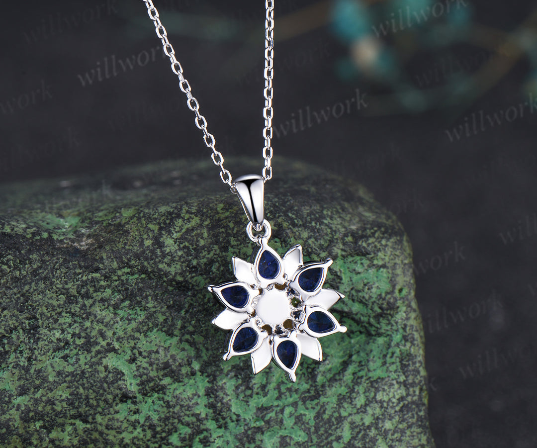 Pear blue sapphire citrine flower pendant necklace vintage leaf floral charm pendant birthday anniversary gifts