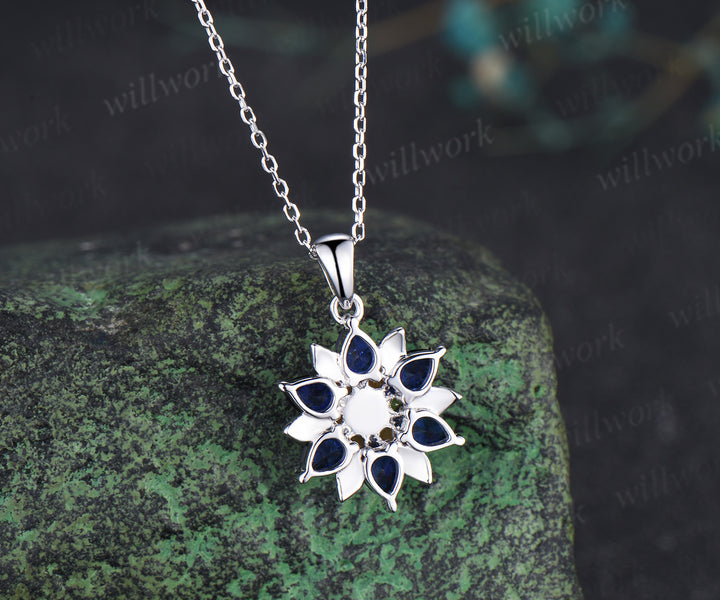 Pear blue sapphire citrine flower pendant necklace vintage leaf floral charm pendant birthday anniversary gifts
