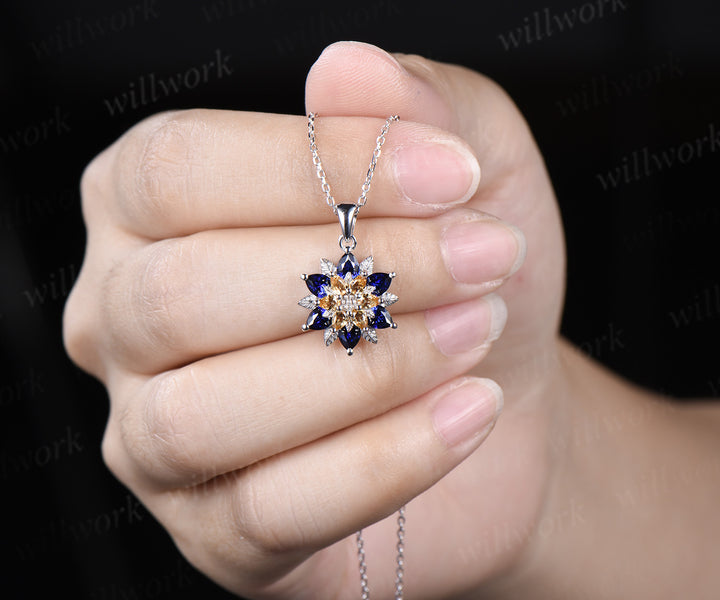 Pear blue sapphire citrine flower pendant necklace vintage leaf floral charm pendant birthday anniversary gifts