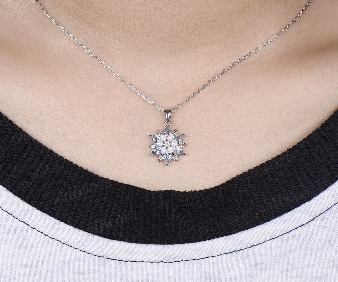 Pear blue aquamarine opal flower pendant necklace vintage leaf floral charm pendant birthday anniversary gifts