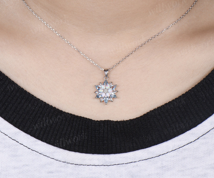 Pear blue aquamarine opal flower pendant necklace vintage leaf floral charm pendant birthday anniversary gifts