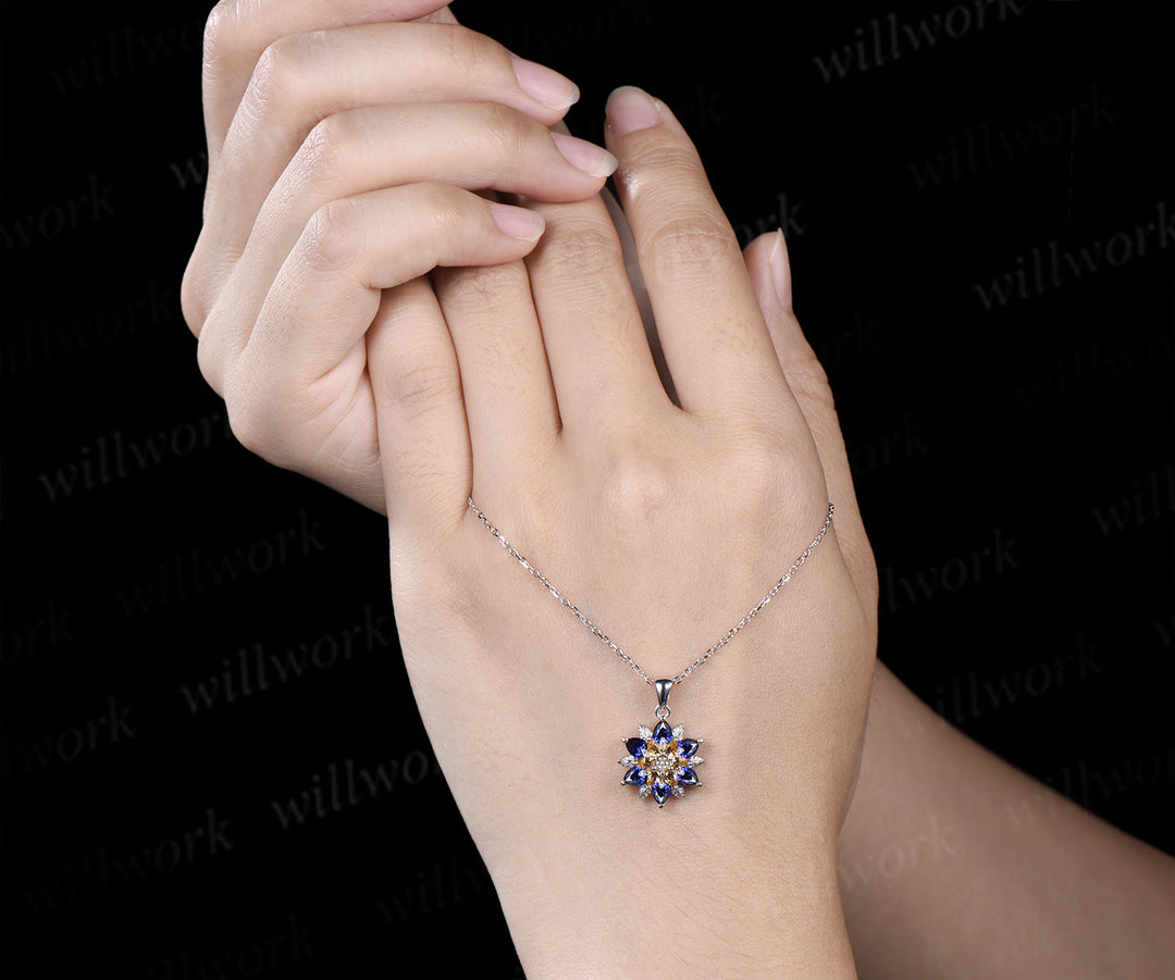 Pear blue sapphire citrine flower pendant necklace vintage leaf floral charm pendant birthday anniversary gifts