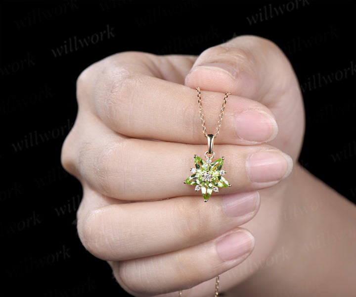 Pear peridot moissanite flower pendant necklace unique green gemstone charm necklace for women