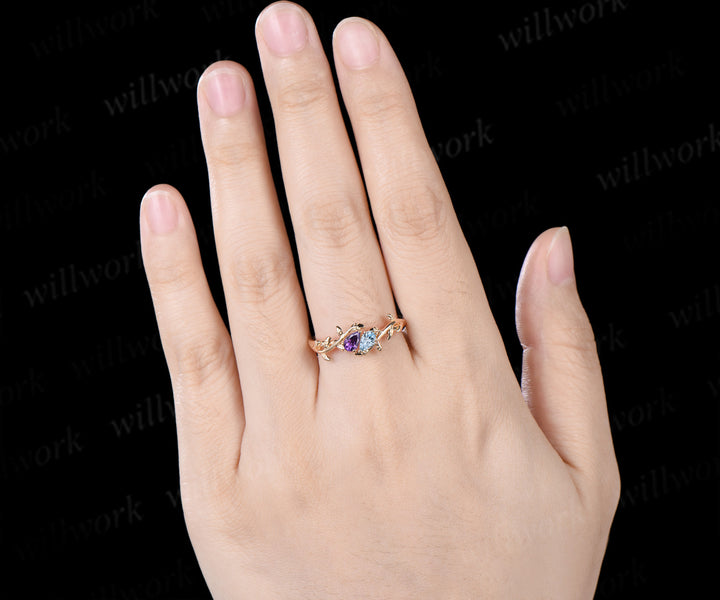 Toi Et Moi Pear Amethyst Aquamarine Ring Leaf Vine Two Stone Promise Ring Nature Inspired Birthstone Ring