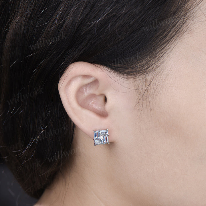 Baguette Aquamarine Stud Earrings Silver Solid 10K/14K/18K White Gold Minimalist Earrings Pierced Jewelry Gifts
