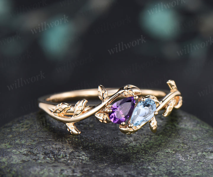 Toi Et Moi Pear Amethyst Aquamarine Ring Leaf Vine Two Stone Promise Ring Nature Inspired Birthstone Ring
