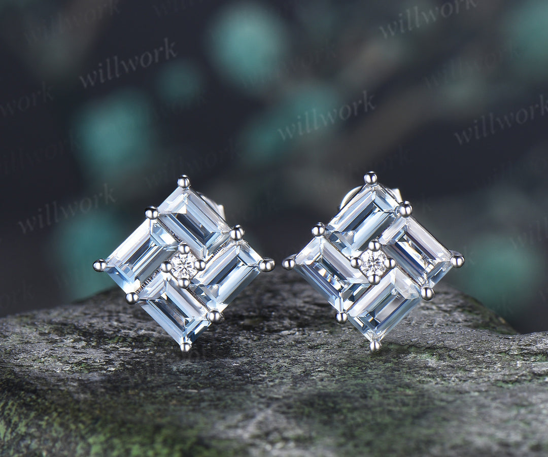 Baguette Aquamarine Stud Earrings Silver Solid 10K/14K/18K White Gold Minimalist Earrings Pierced Jewelry Gifts