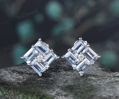 Baguette Aquamarine Stud Earrings Silver Solid 10K/14K/18K White Gold Minimalist Earrings Pierced Jewelry Gifts