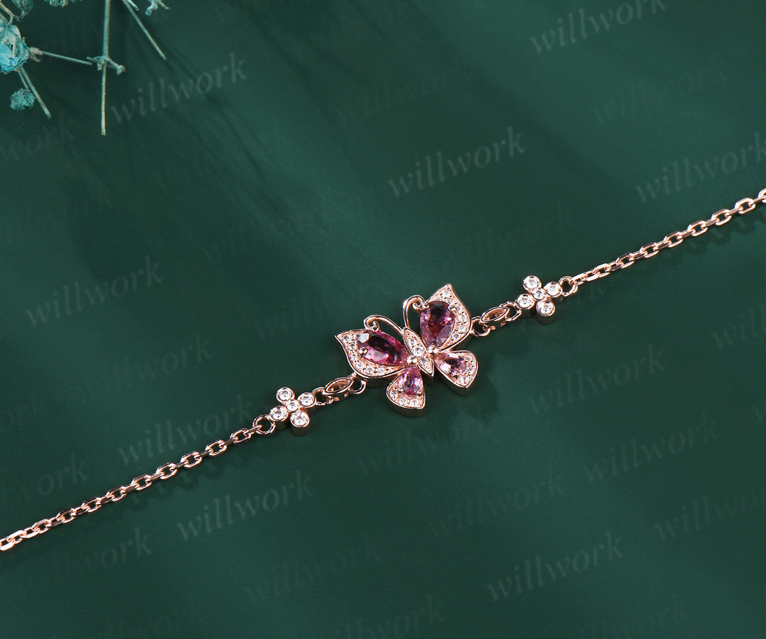 Elegante pear pink tourmaline butterfly charm bracelet clover moissanite bracelets for women gifts for her
