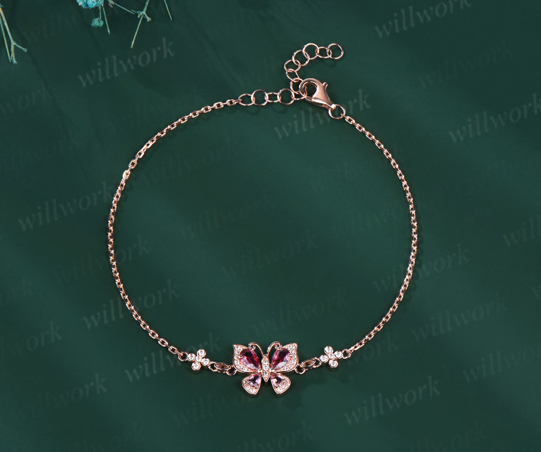 Elegante pear pink tourmaline butterfly charm bracelet clover moissanite bracelets for women gifts for her